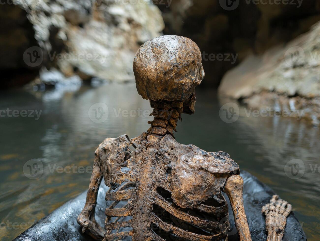 An old human skeleton floats down a river photo