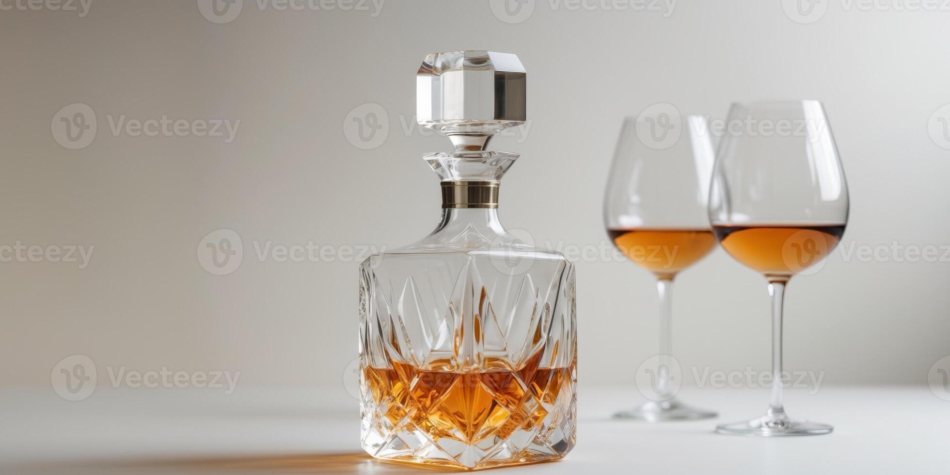 Crystal decanter holding amber liquid with wine glasses in background photo