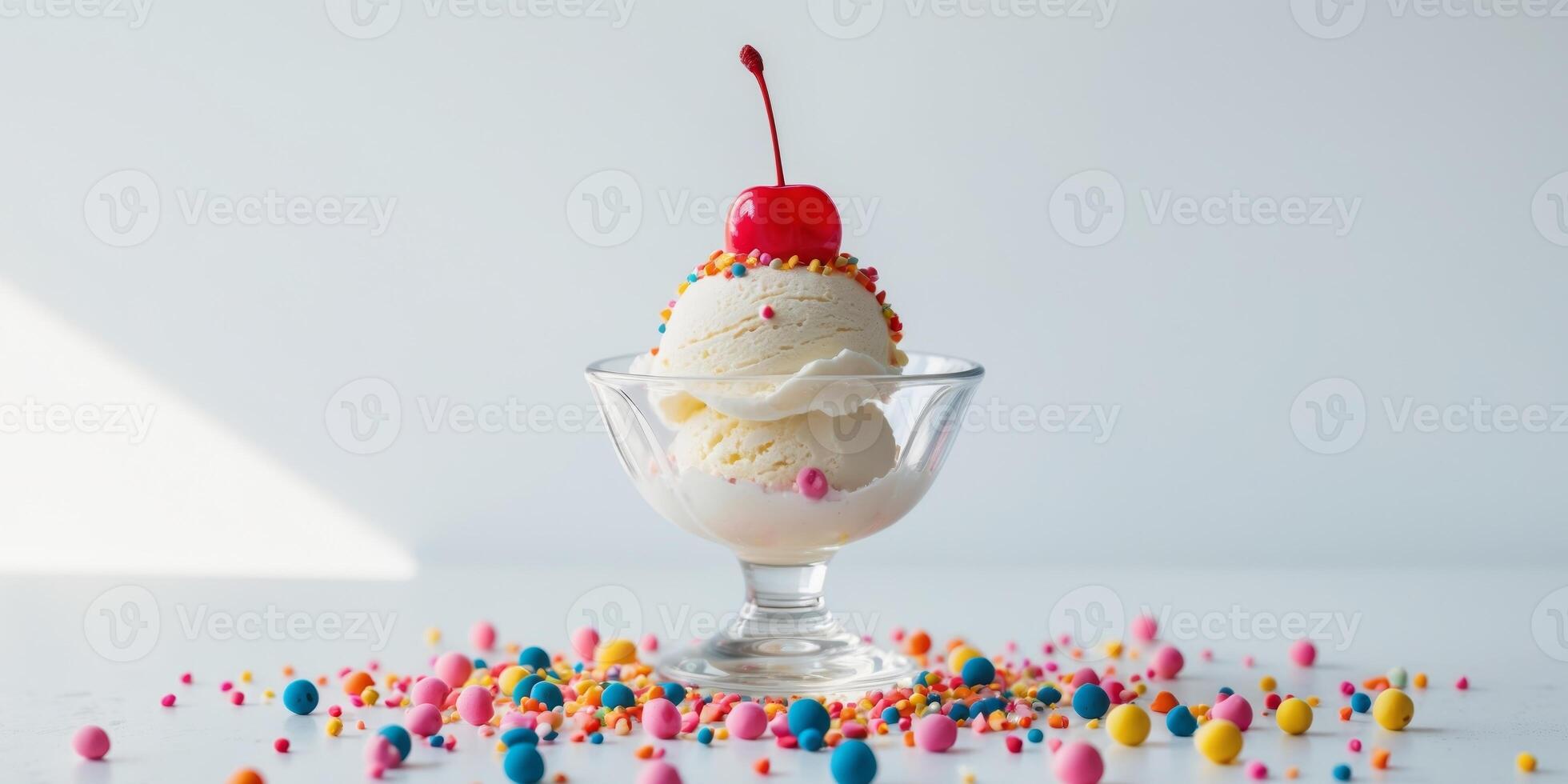 Classic Ice Cream Sundae with Cherry and Colorful Sprinkles photo