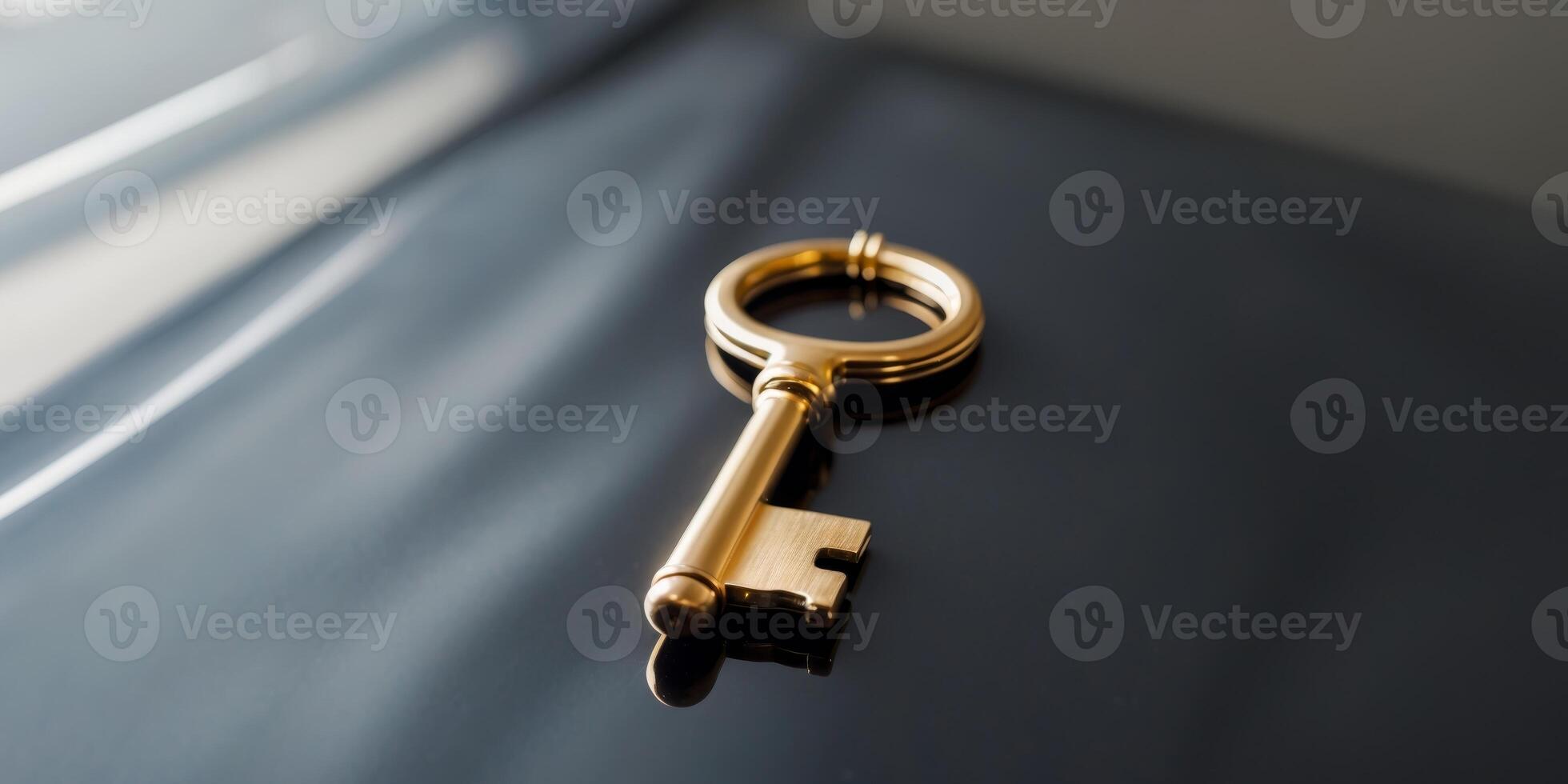 Shiny golden key on a sleek black surface. photo