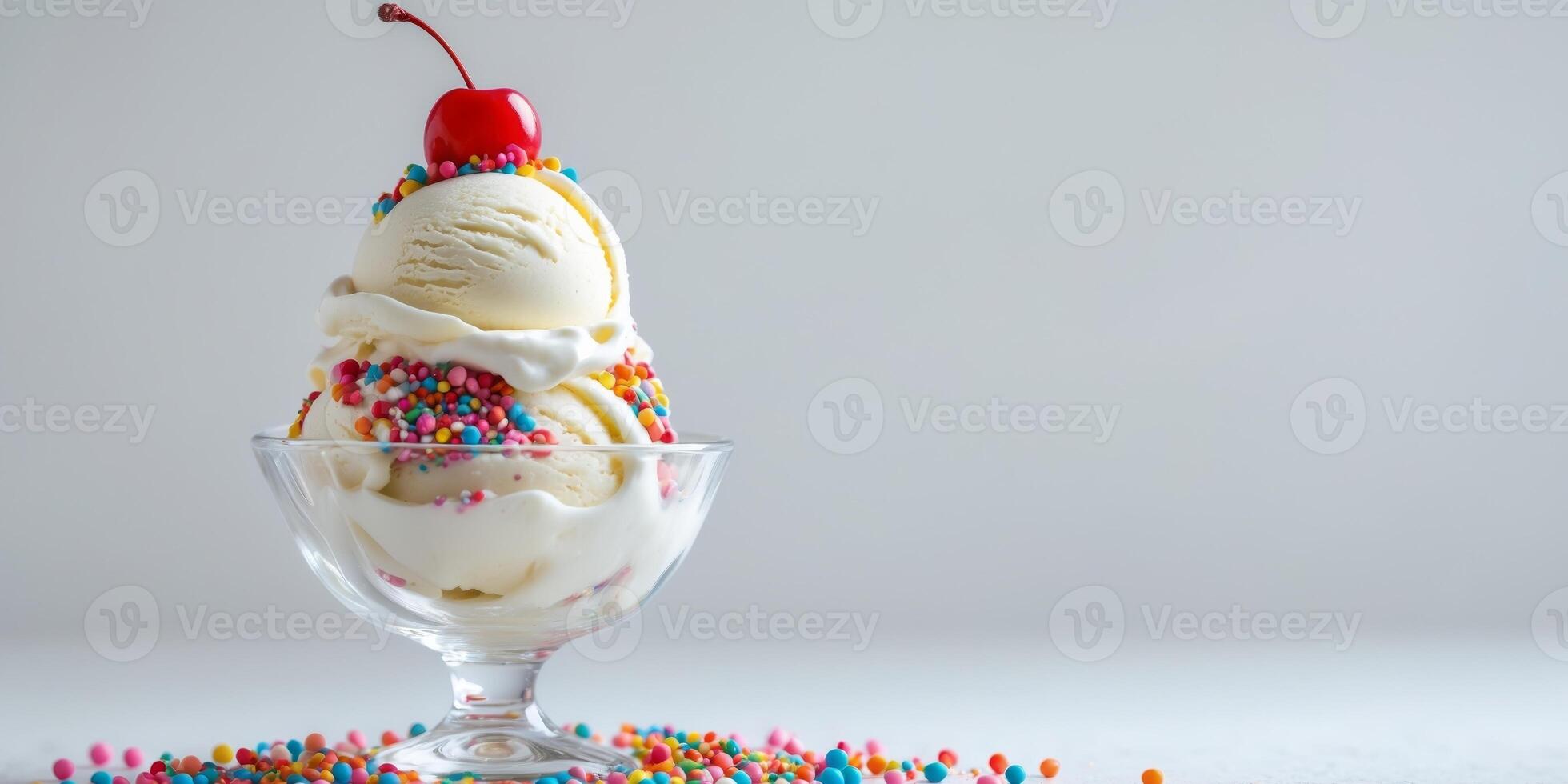 Classic Ice Cream Sundae with Cherry and Colorful Sprinkles. photo