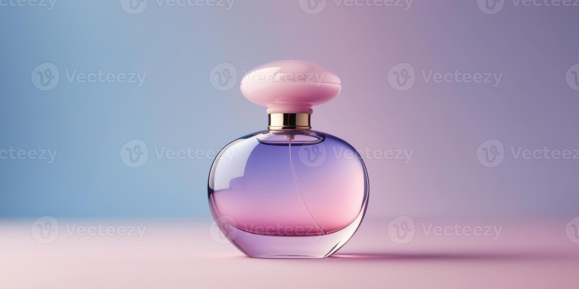 Elegant Round Perfume Bottle with Gradient Color on Blue Pink Background. photo