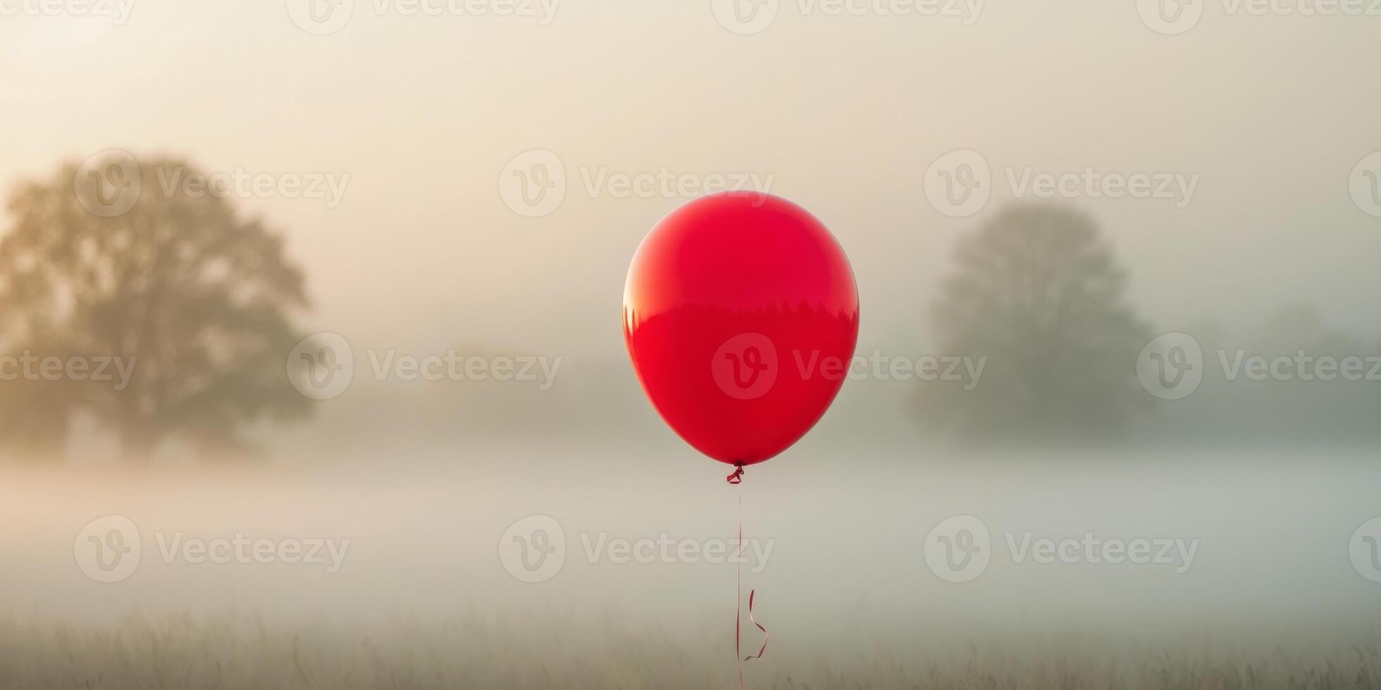 Bright red balloon floating gently above a misty landscape on a calm day photo
