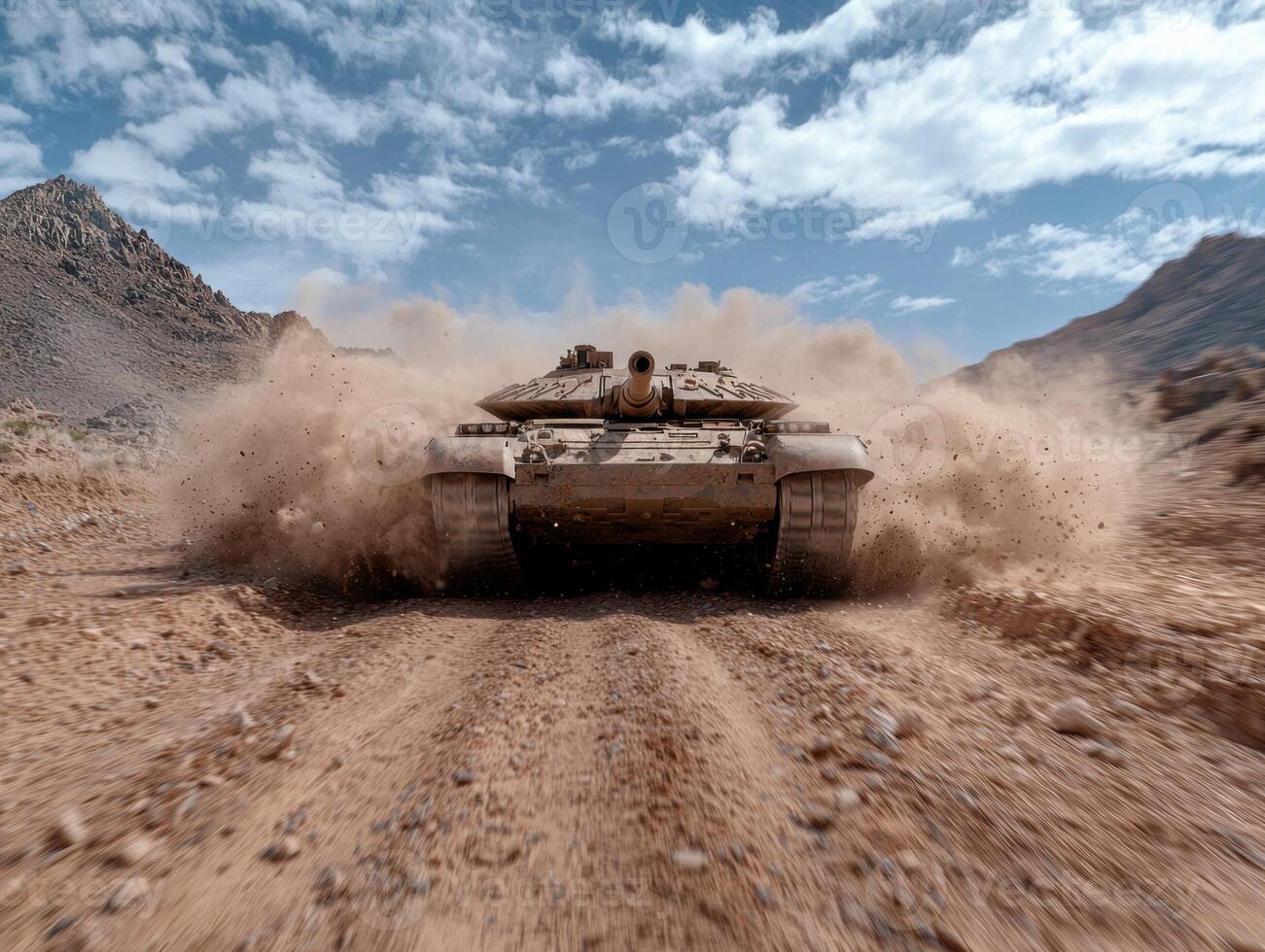A tank moving through a desert landscape photo