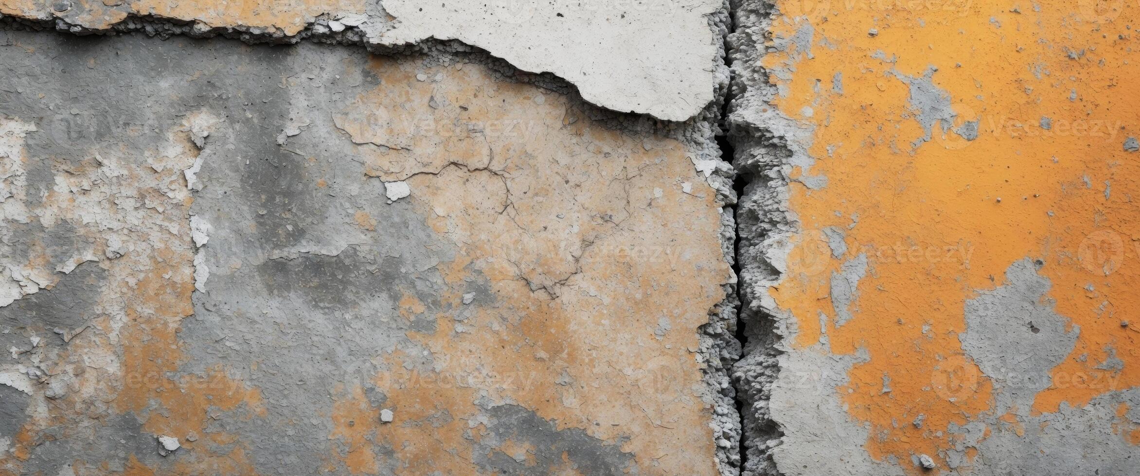 Weathered cement surface with chipped edges and faded color on bright background photo
