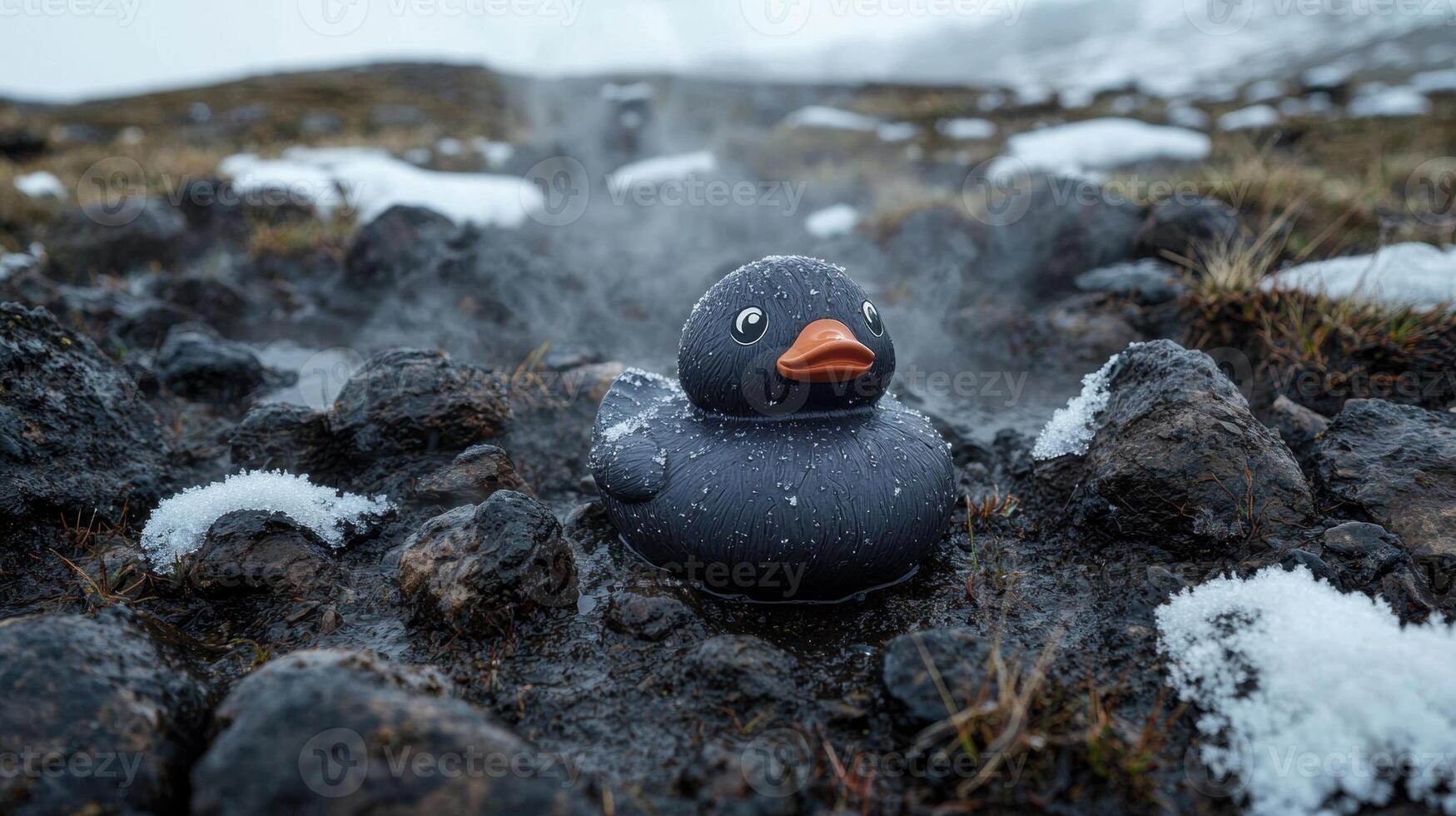 A rubber duck sits in a muddy puddle in a snowy landscape photo
