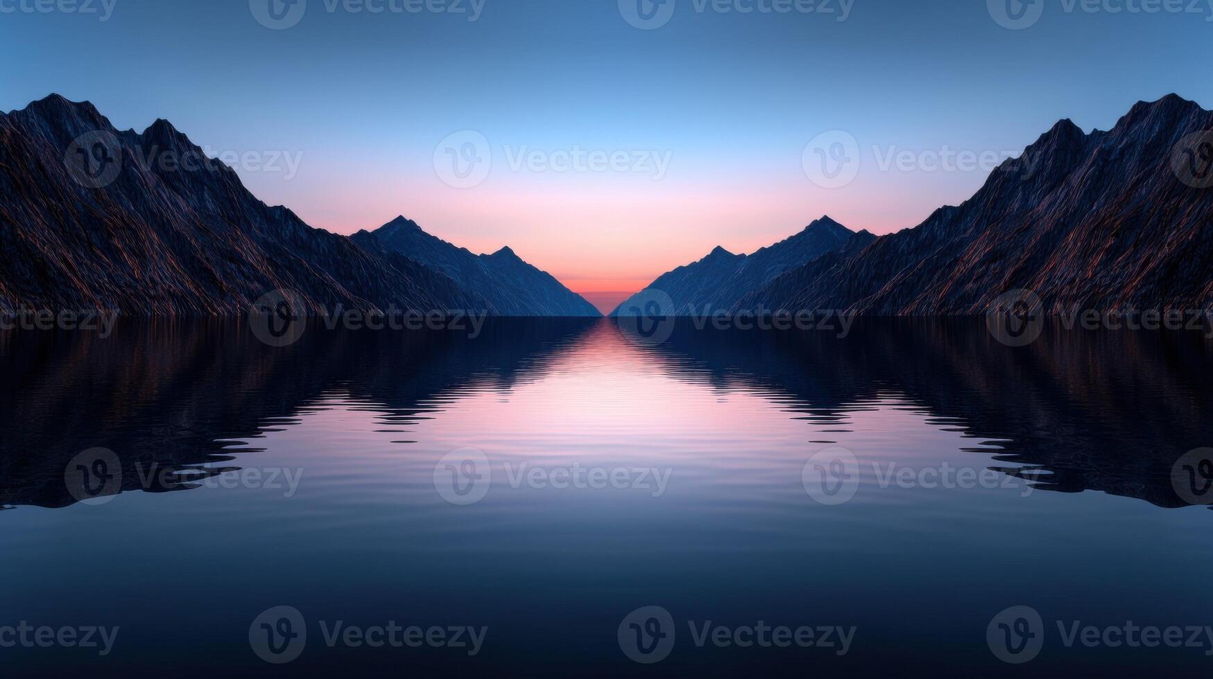 A serene mountain landscape reflecting in calm water at dusk photo