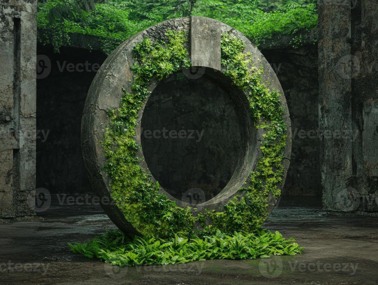 Ancient stone circle overgrown with moss and ferns photo
