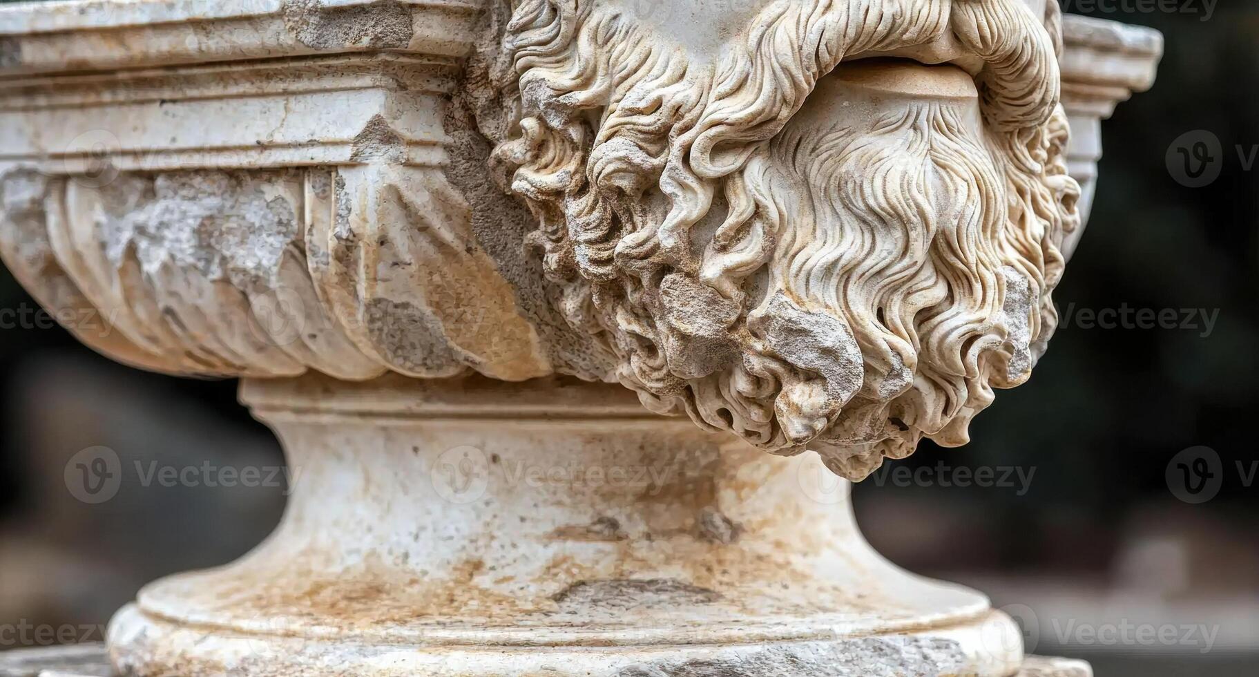 Close up of an ancient stone sculpture with intricate beard detail photo