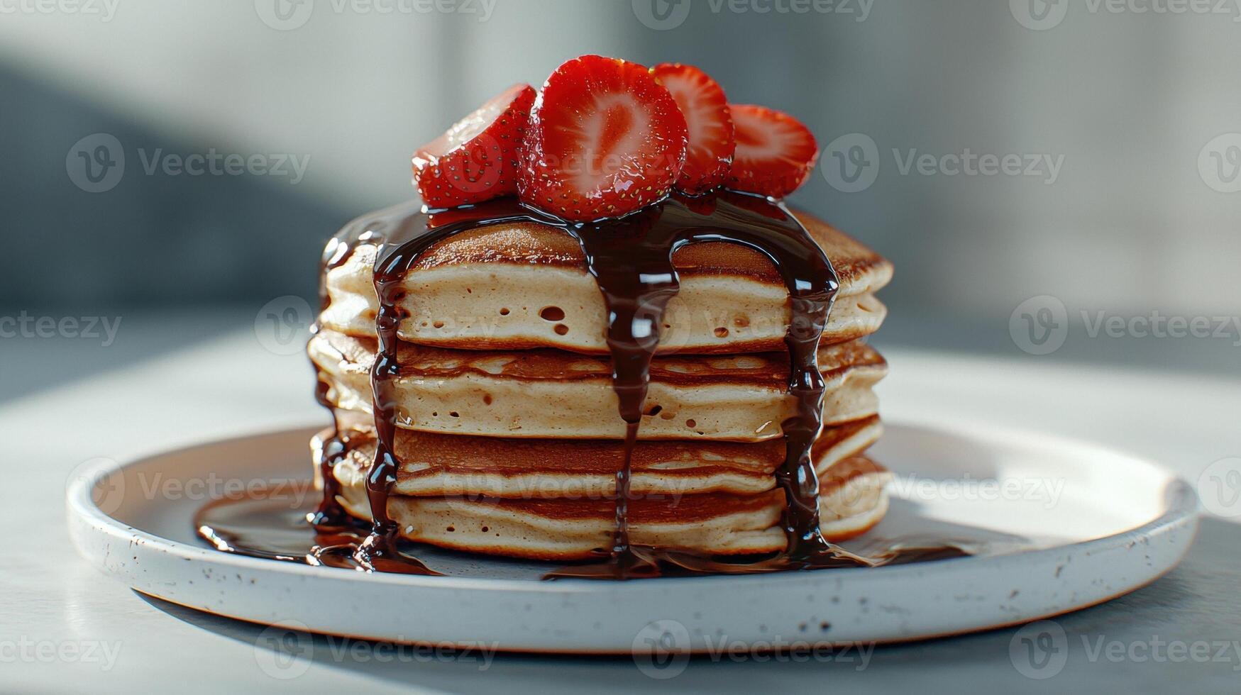 A stack of pancakes topped with chocolate sauce and strawberries photo