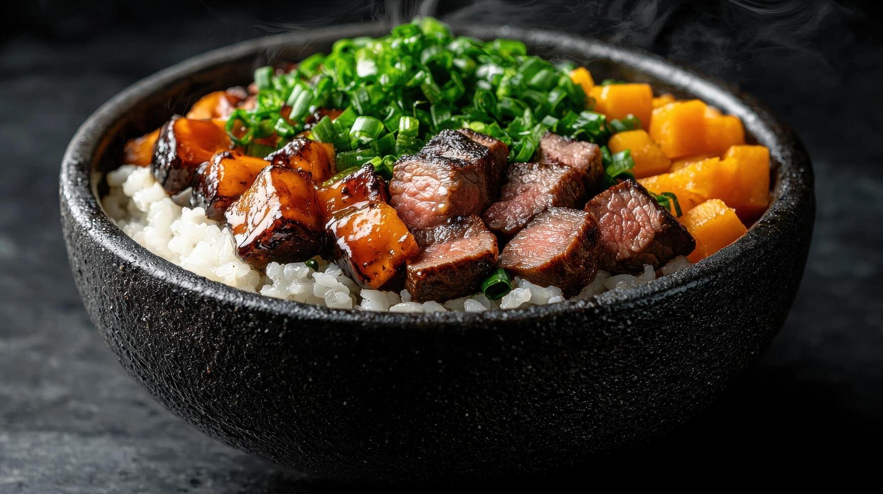 A delicious bowl of beef and vegetable rice photo