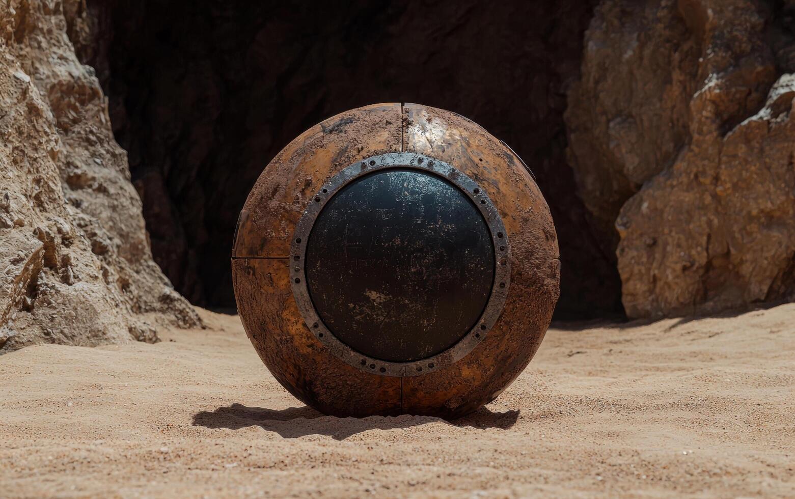 A mysterious sphere sits in a desert landscape photo