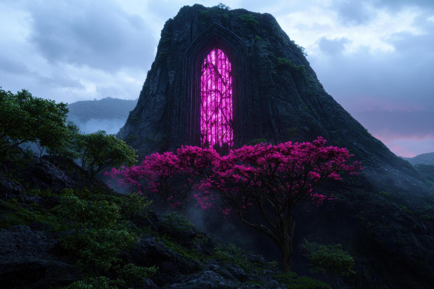 Mystical mountain with a glowing portal and vibrant pink trees photo