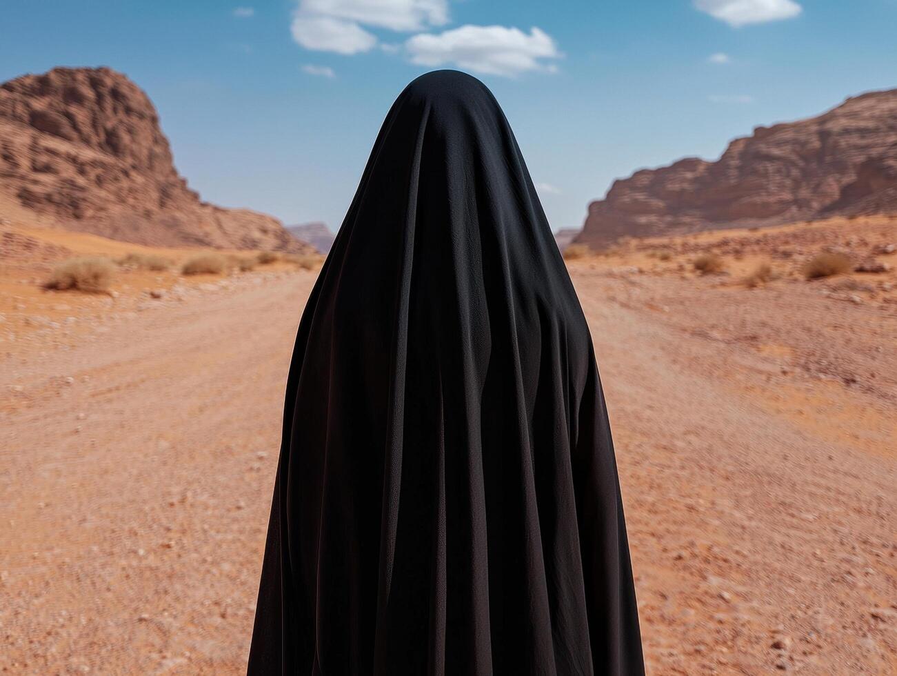 A person in a black robe standing in a desert landscape photo