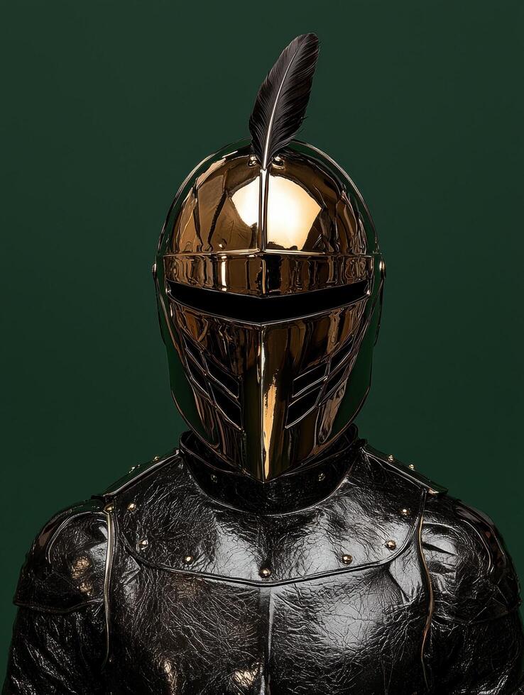 A knight in shining golden armor with a black feather photo