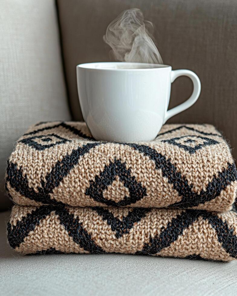 Cozy still life with a steaming mug on a stack of knitted blankets photo