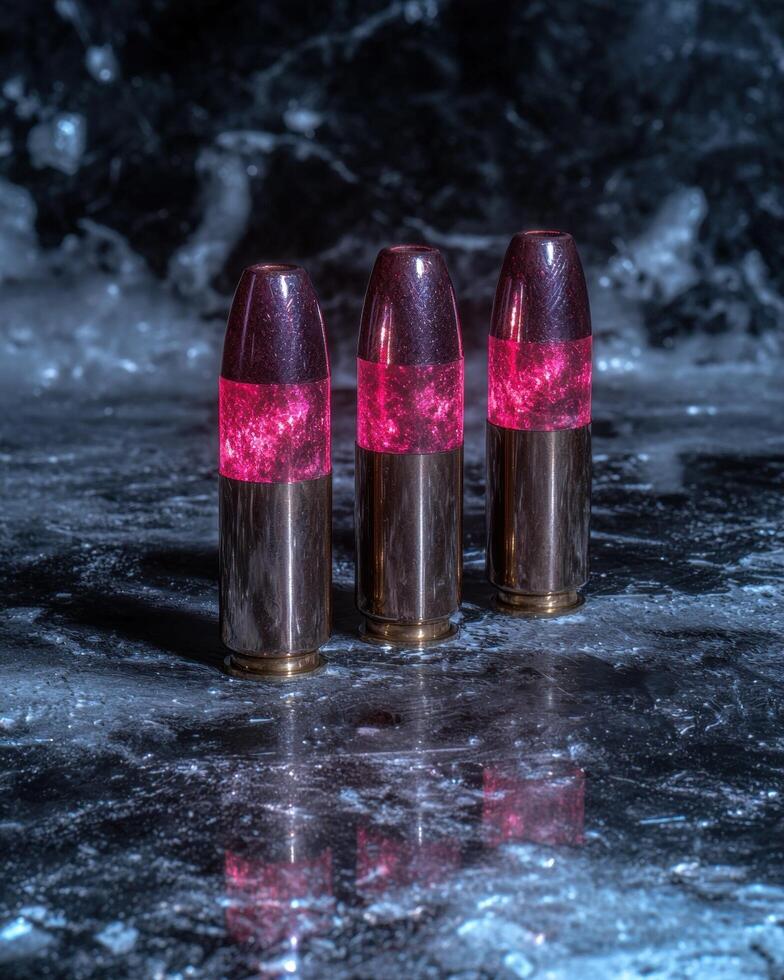 Three bullets with a pink glow on a dark surface photo