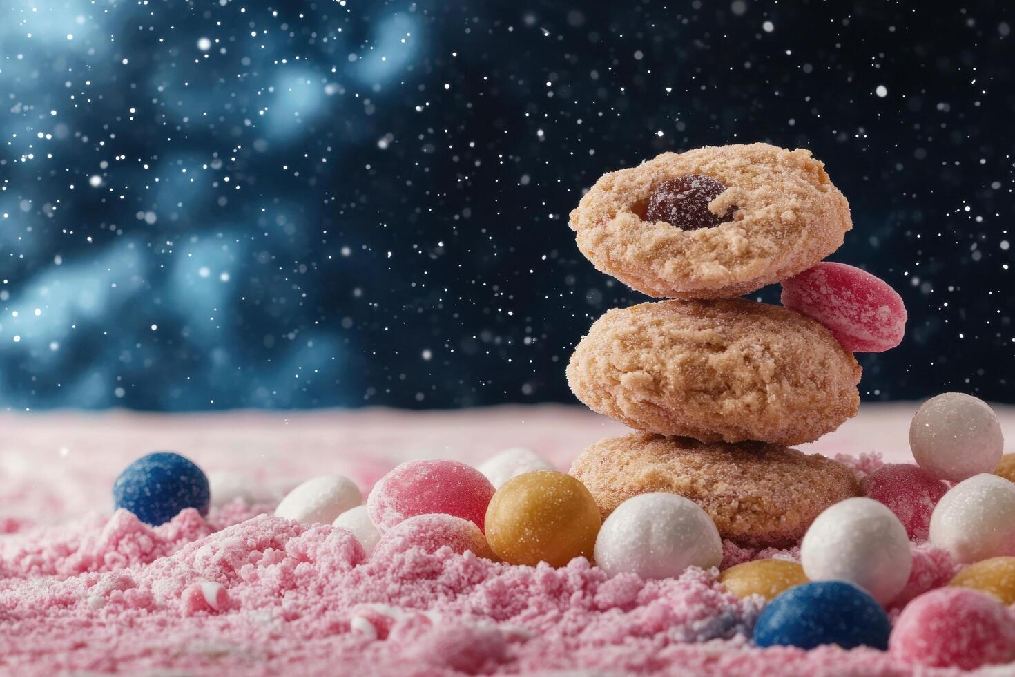 Stacked cookies with candy and powdered sugar against a snowy background photo