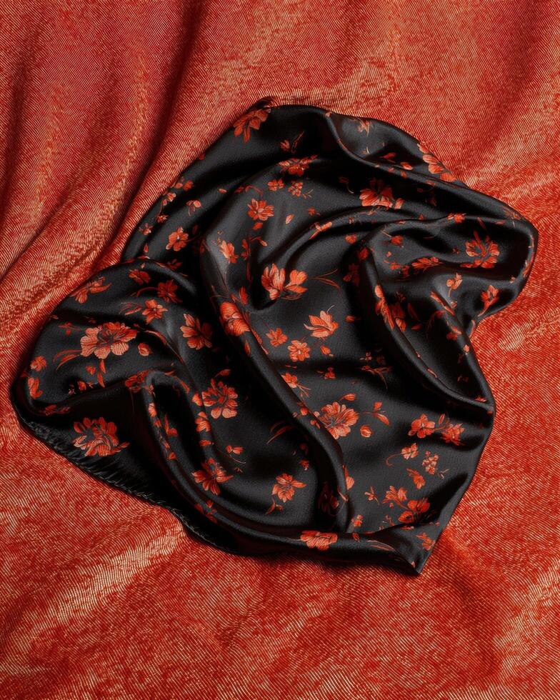 Elegant floral silk scarf on textured fabric photo