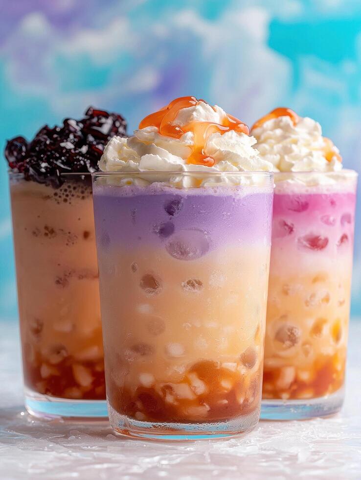 Three colorful boba drinks with whipped cream and toppings photo