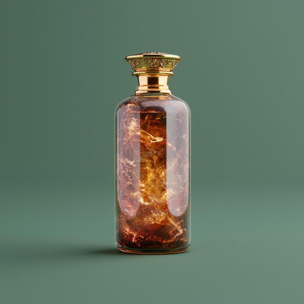 A potion bottle with golden liquid inside photo