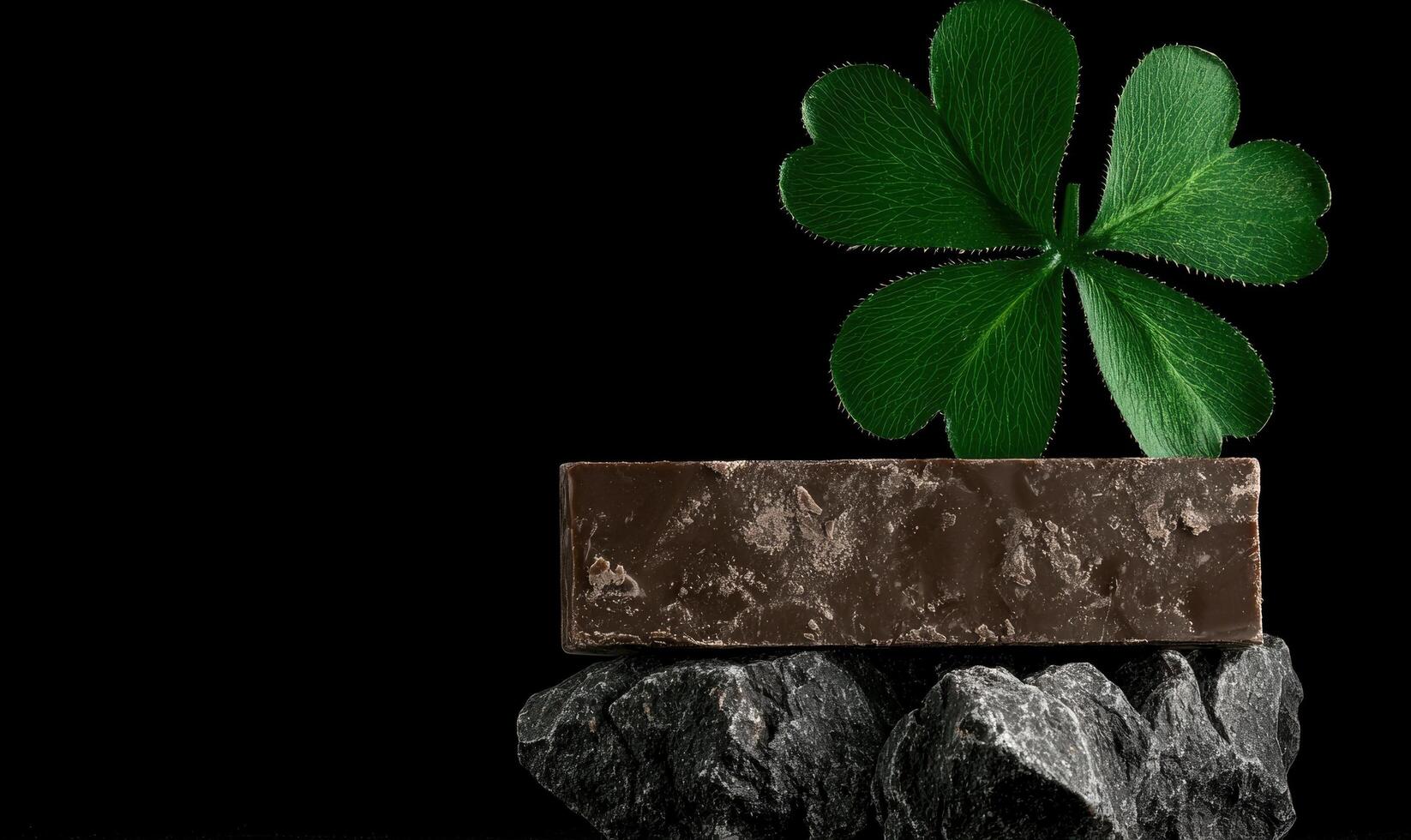 A piece of chocolate on rocks with a clover leaf photo