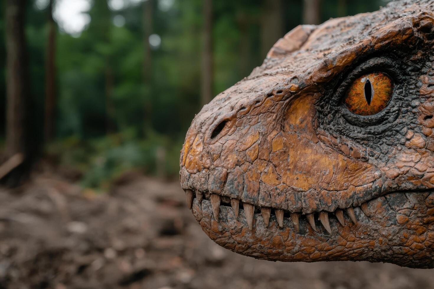 Close up of a dinosaur head with sharp teeth photo