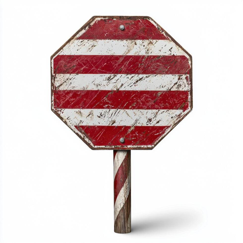 Weathered red and white striped sign on a post photo