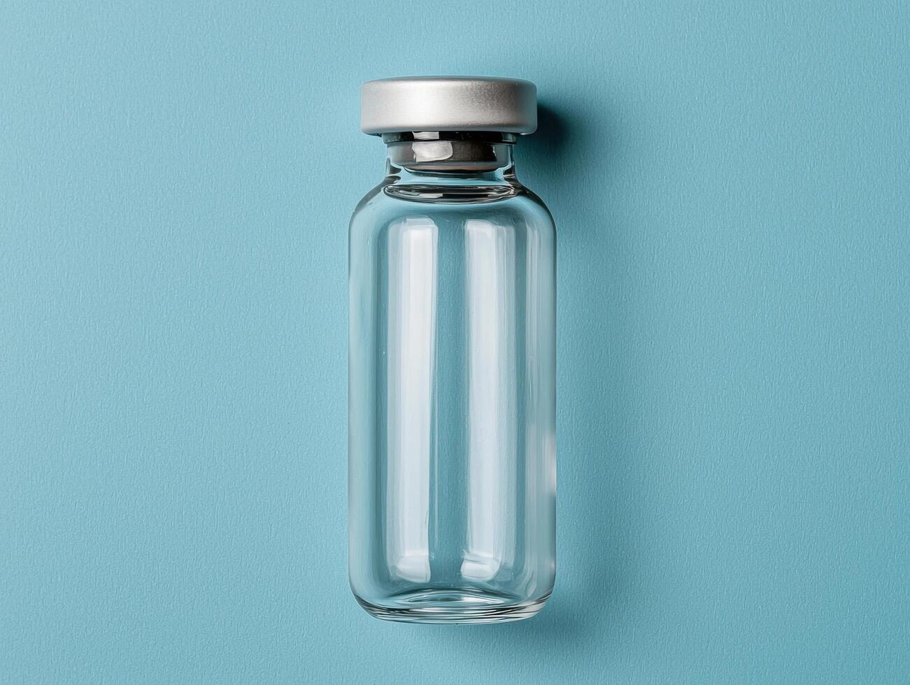 A clear glass vial with a silver cap on a blue background photo