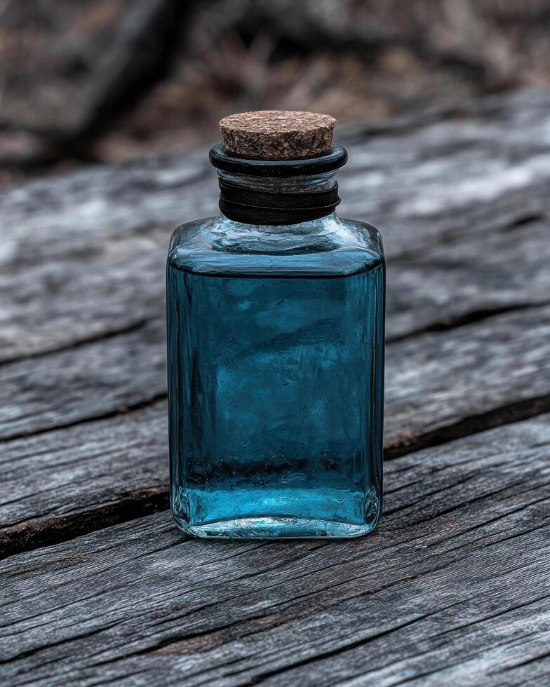 A potion bottle filled with blue liquid sits on a wooden surface photo