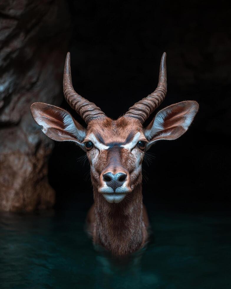 A majestic antelope emerges from the water photo