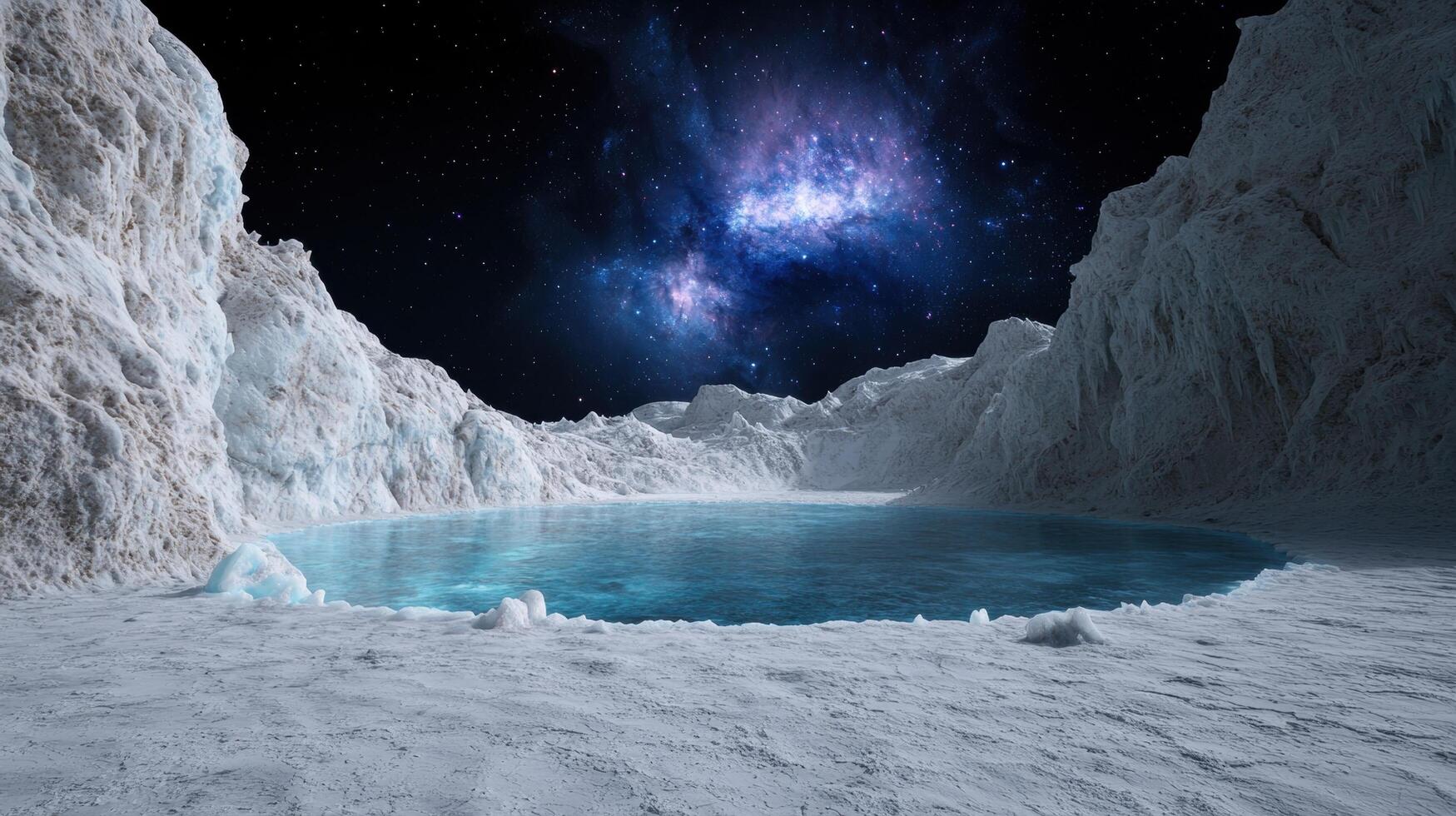Icy landscape with a lake under a starry sky photo