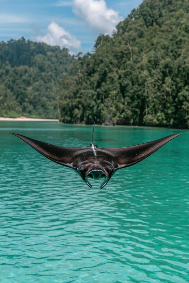 A manta ray swims in clear turquoise water photo