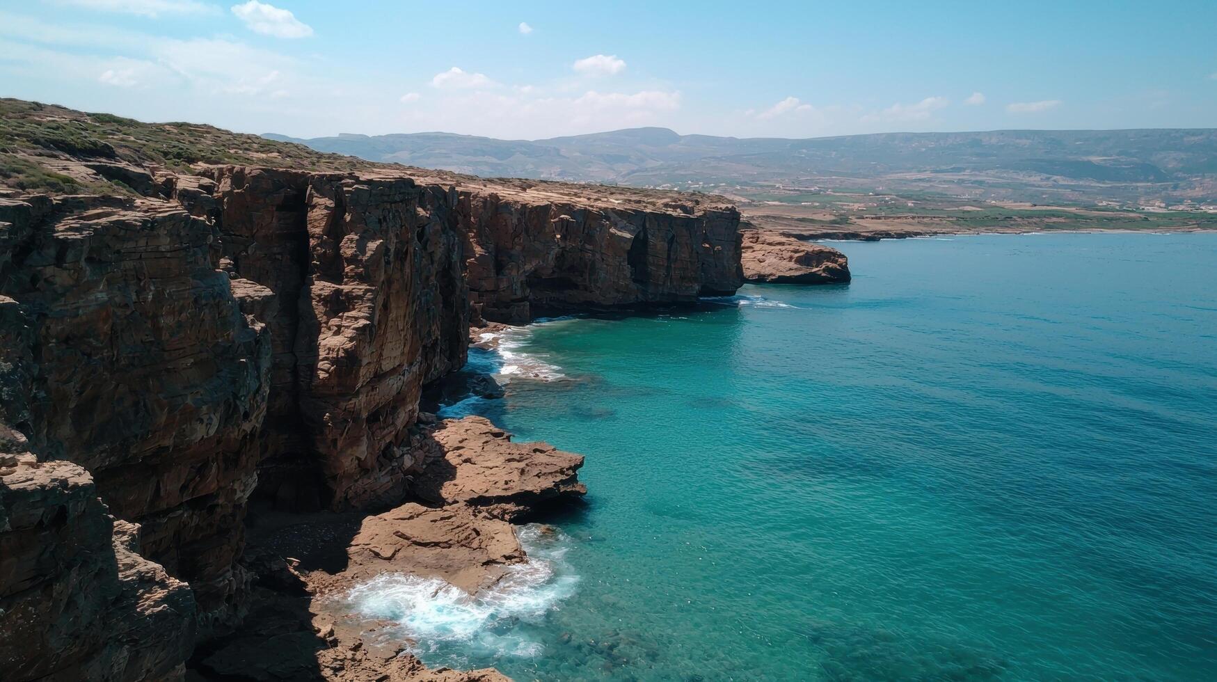 Rocky cliffs meet the turquoise sea on a sunny day photo
