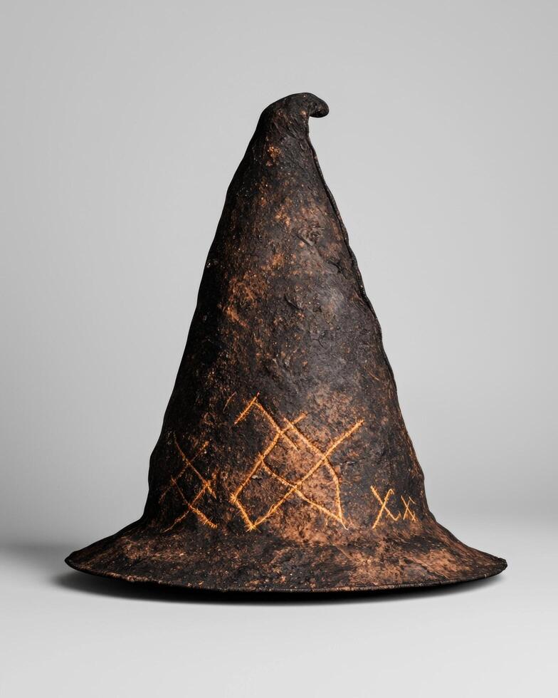 A rustic witchs hat with mysterious markings photo