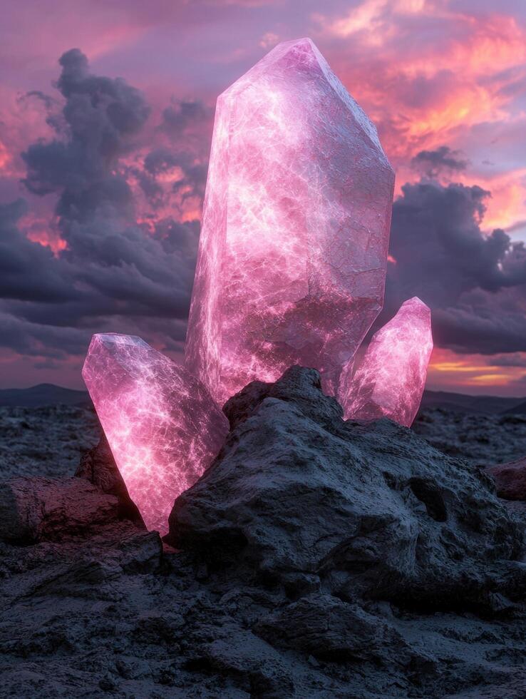 Three pink crystals grow out of a rocky landscape at sunset photo