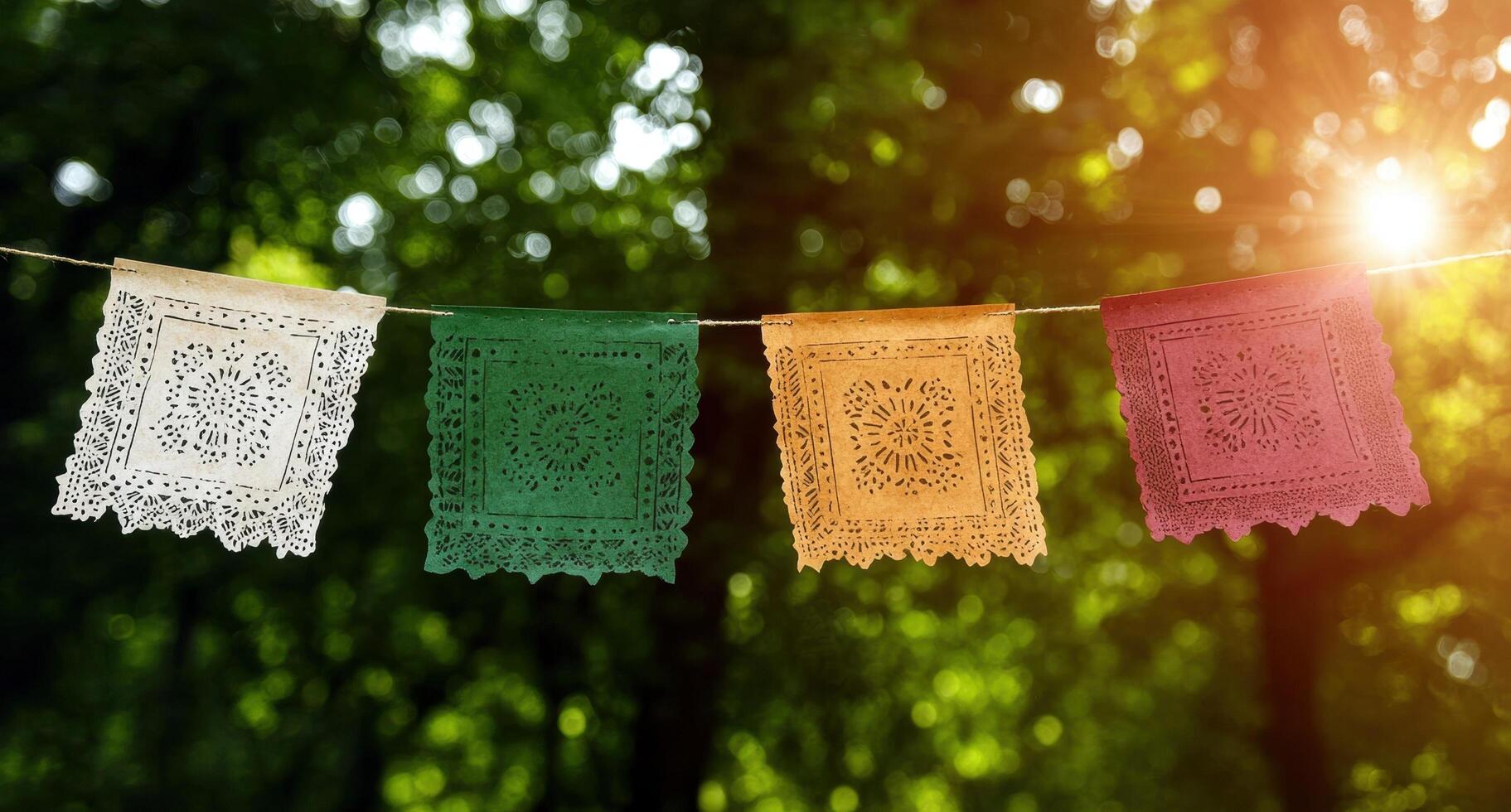 Colorful papel picado hanging outdoors in the sun photo