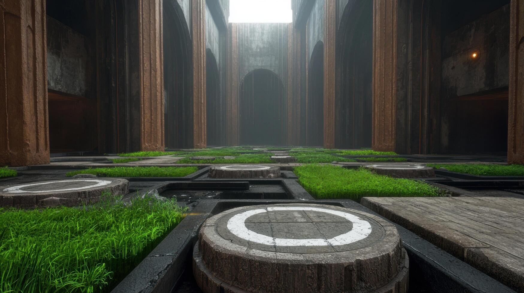 Ancient temple ruins with grass and water features photo