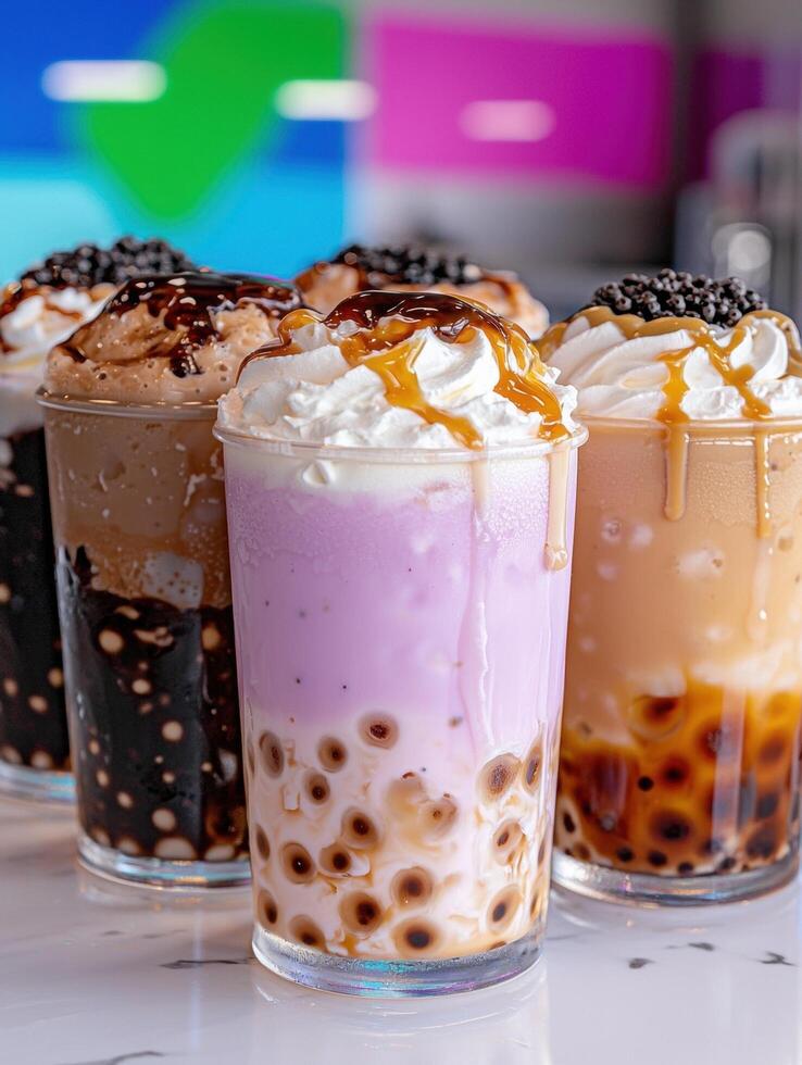 A variety of bubble tea drinks with toppings photo