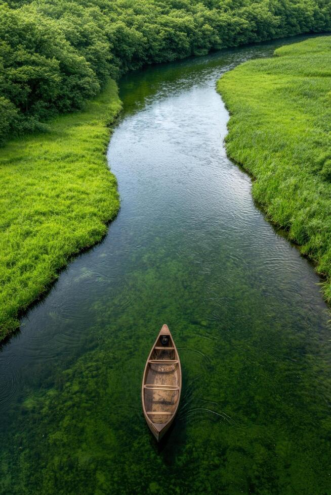 A canoe floats down a clear river surrounded by lush greenery photo