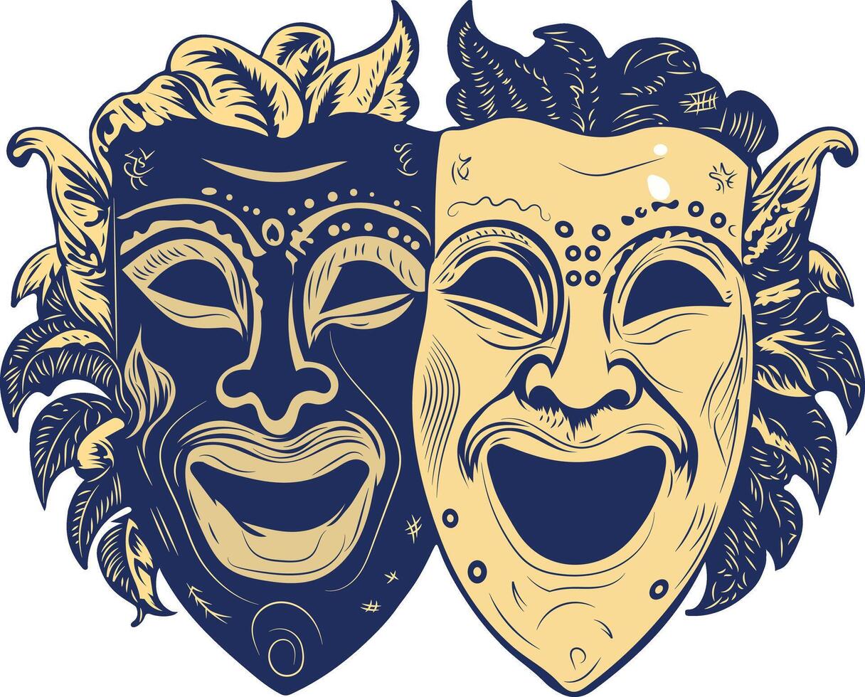 Antique drama masks, vintage style icon vector