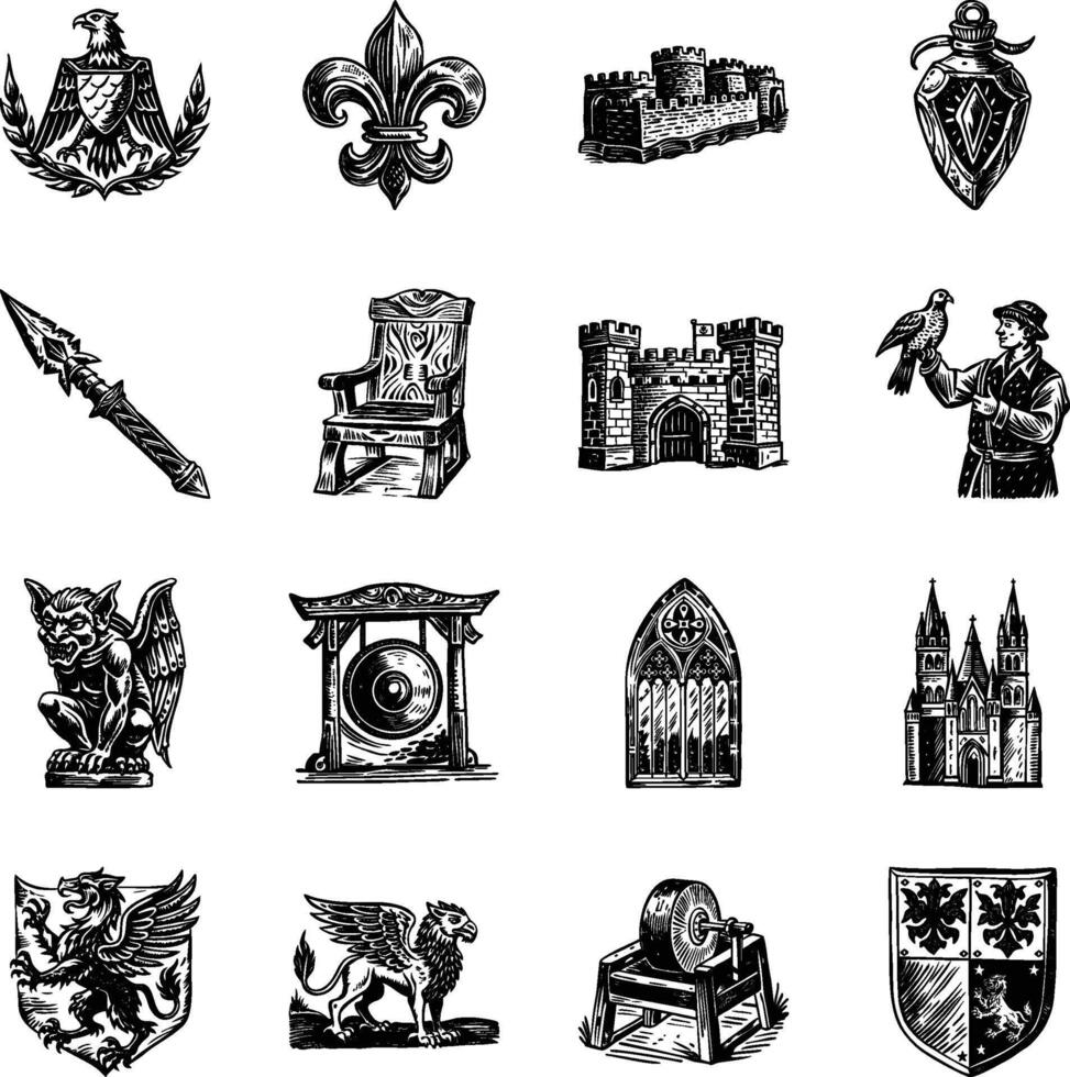 Set of Medieval Era Vintage Illustrations vector