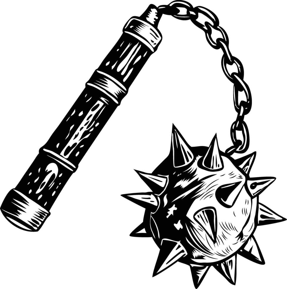 Medieval flail weapon, vintage style illustration vector