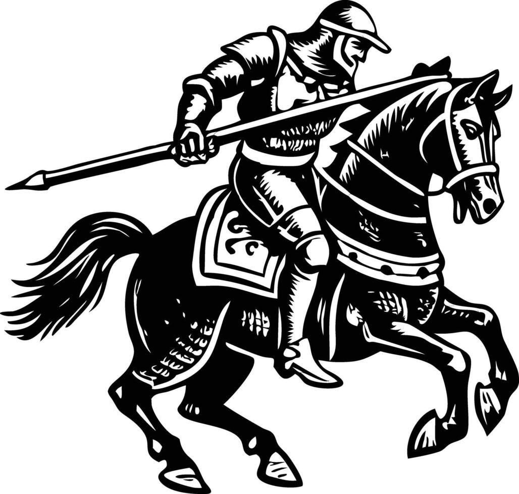 Medieval warrior on a horse, vintage illustration vector