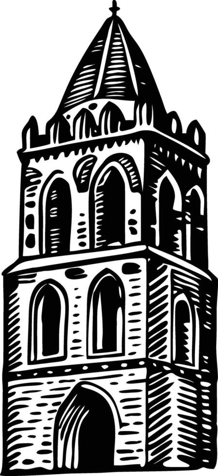 Medieval bell tower, vintage illustration vector