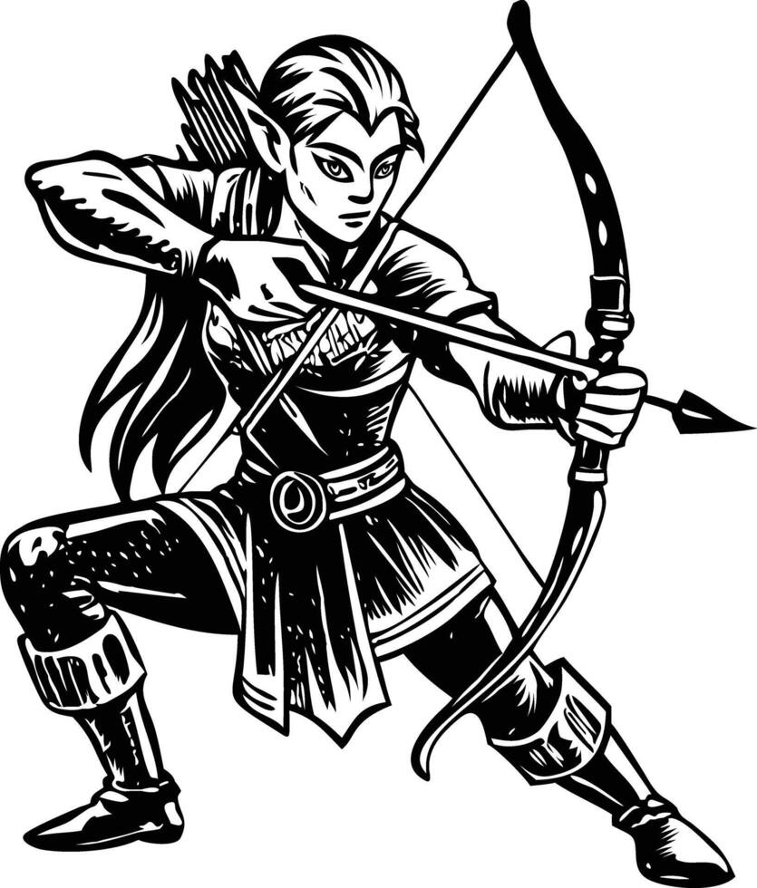 Medieval elven archer, vintage illustration vector