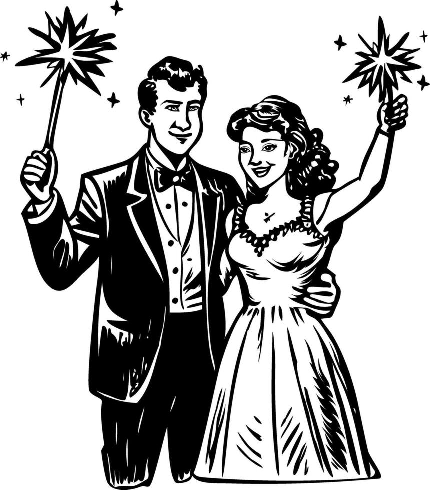Couple celebrating wedding party, vintage illustration vector