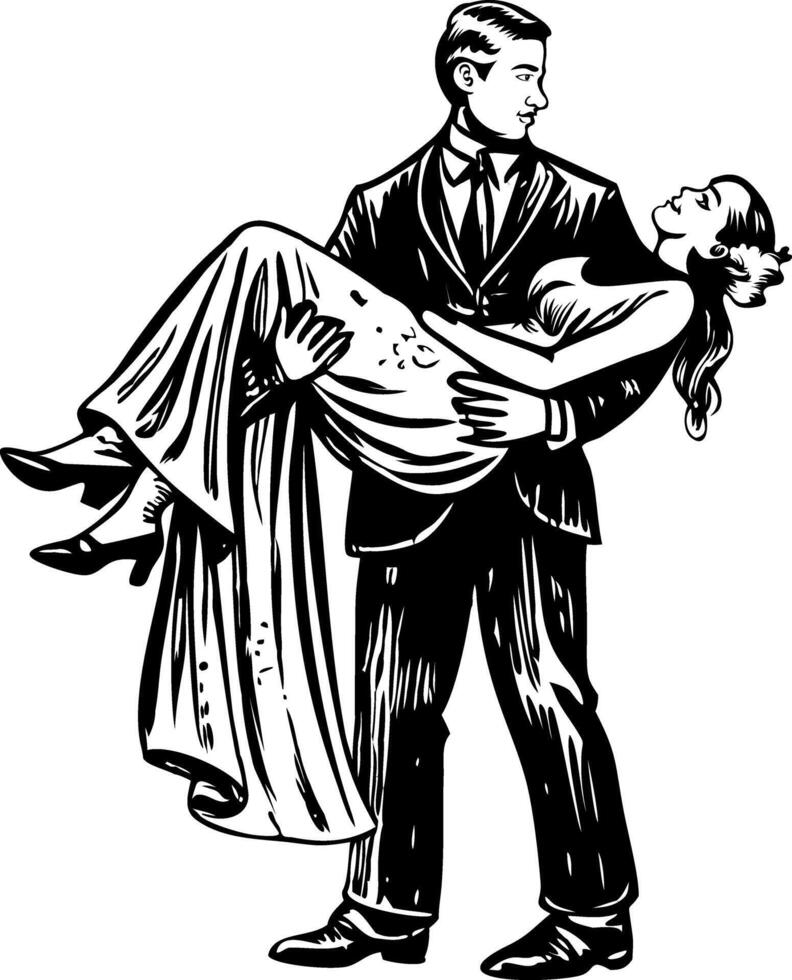 Vintage character illustration of a groom lifting bride vector