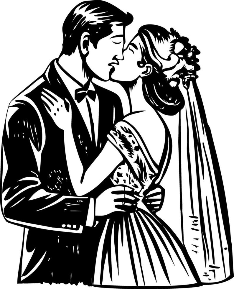 Wedding couple kissing, vintage style illustration vector