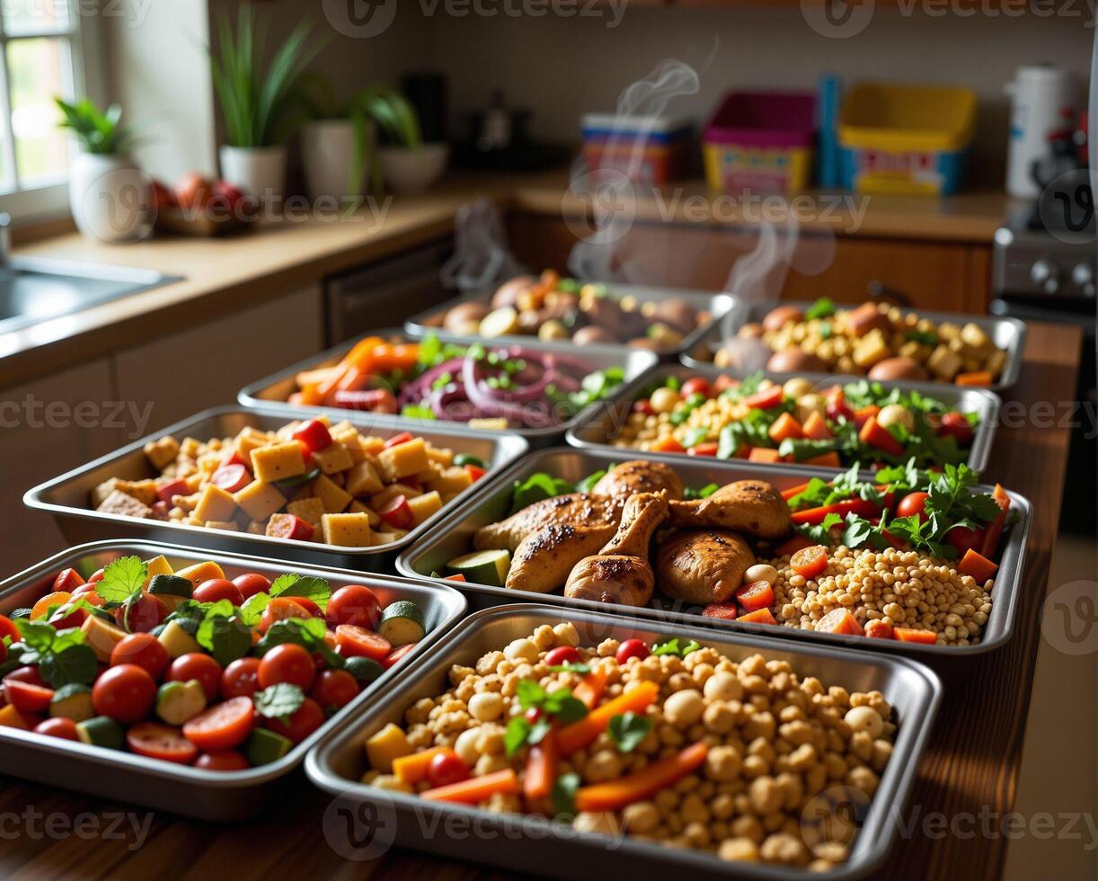 Colorful Display of Freshly Prepared Meals in Kitchen Setting photo